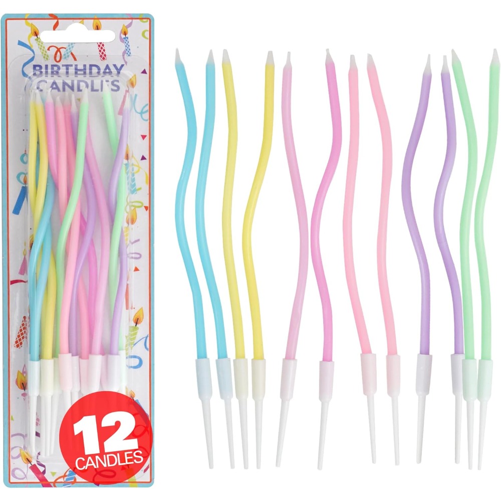 Candle Holder Set - レインボースパイラルバースデーケーキキャンドル12個セット（ホルダー付き）パステルツイストパーティーデコレーション用品（ベーキング用）