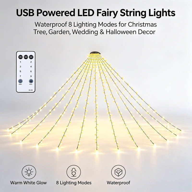 Garden Lighting Decor - USB LED フェアリーストリングライト、防水クリスマスツリーライト、8つの照明モード付き、庭や結婚式の装飾に最適