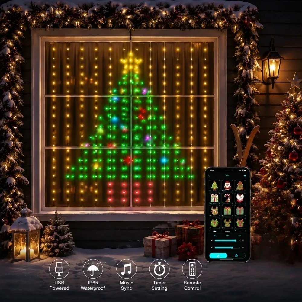 Fairy Light Curtain - LEDピクセルカーテンライト Bluetoothアプリ制御 RGBスマートストリングライト DIY窓飾り ホームパーティー用