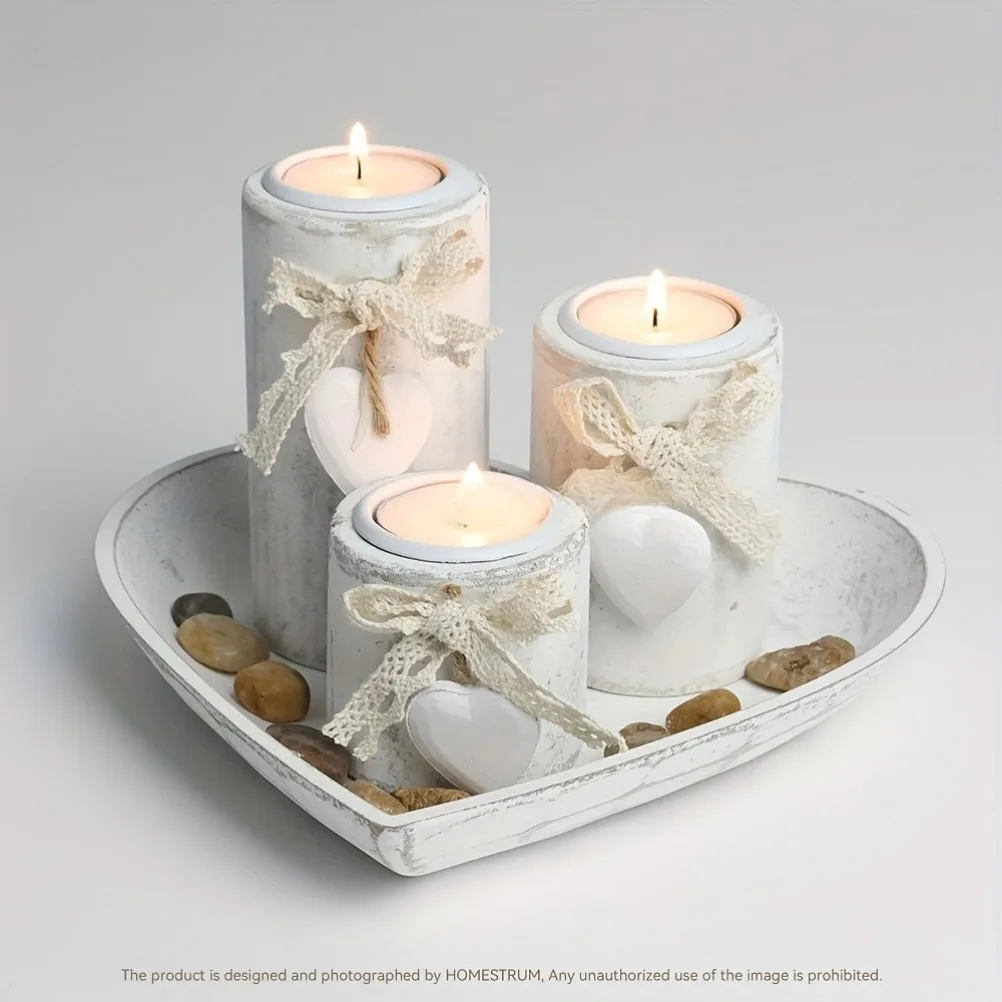 Candle Holder Set - 木製キャンドルホルダーセット ティーランプ キャンドルスティックセット ハート型トレイ ジュエリートレイ ホームデコレーション