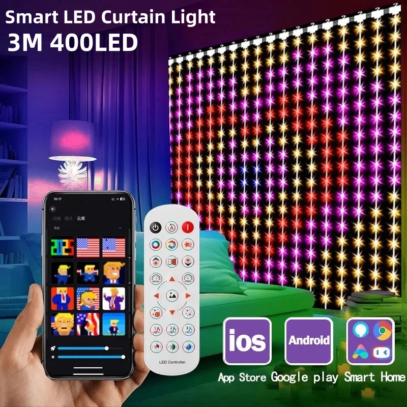 Fairy Light Curtain - 400LEDスマートカーテンライト Bluetoothアプリリモコン DIYパターン ミュージックフェアリーライト ウィンドウ寝室 クリスマスホリデーデコレーション