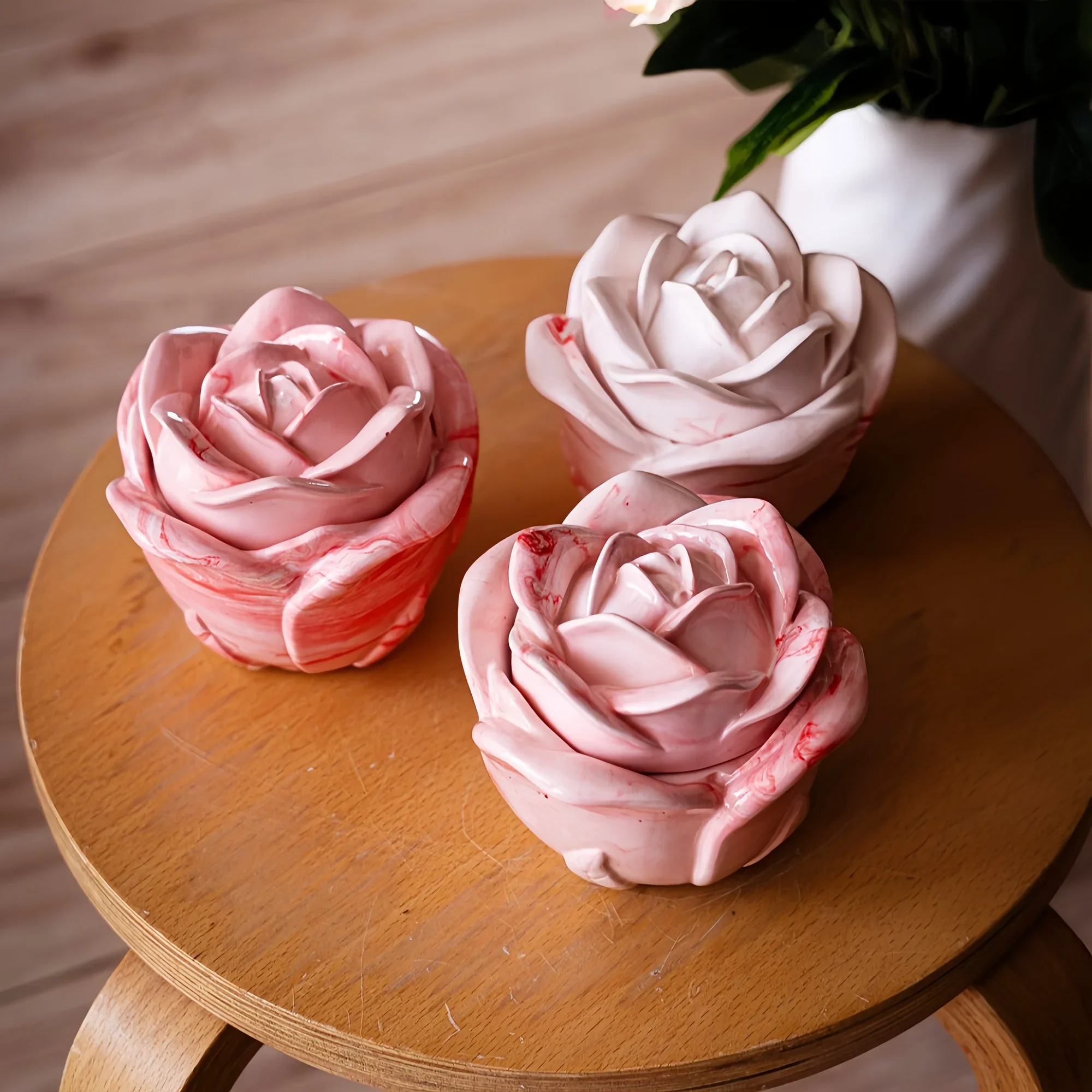 Candle Holder Set - 2ピースセット ローズ型シリコンモールド 蓋付き、エポキシ樹脂、石膏、コンクリートクラフト用のエレガントなキャンドルホルダーモールド
