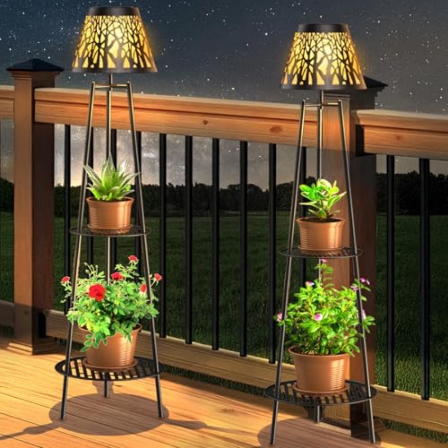 Garden Lighting Decor - 2パック屋外ソーラーフロアランプ、植物スタンド付き、防水メタルガーデンライト、2段棚付き、装飾LEDコードレスパット