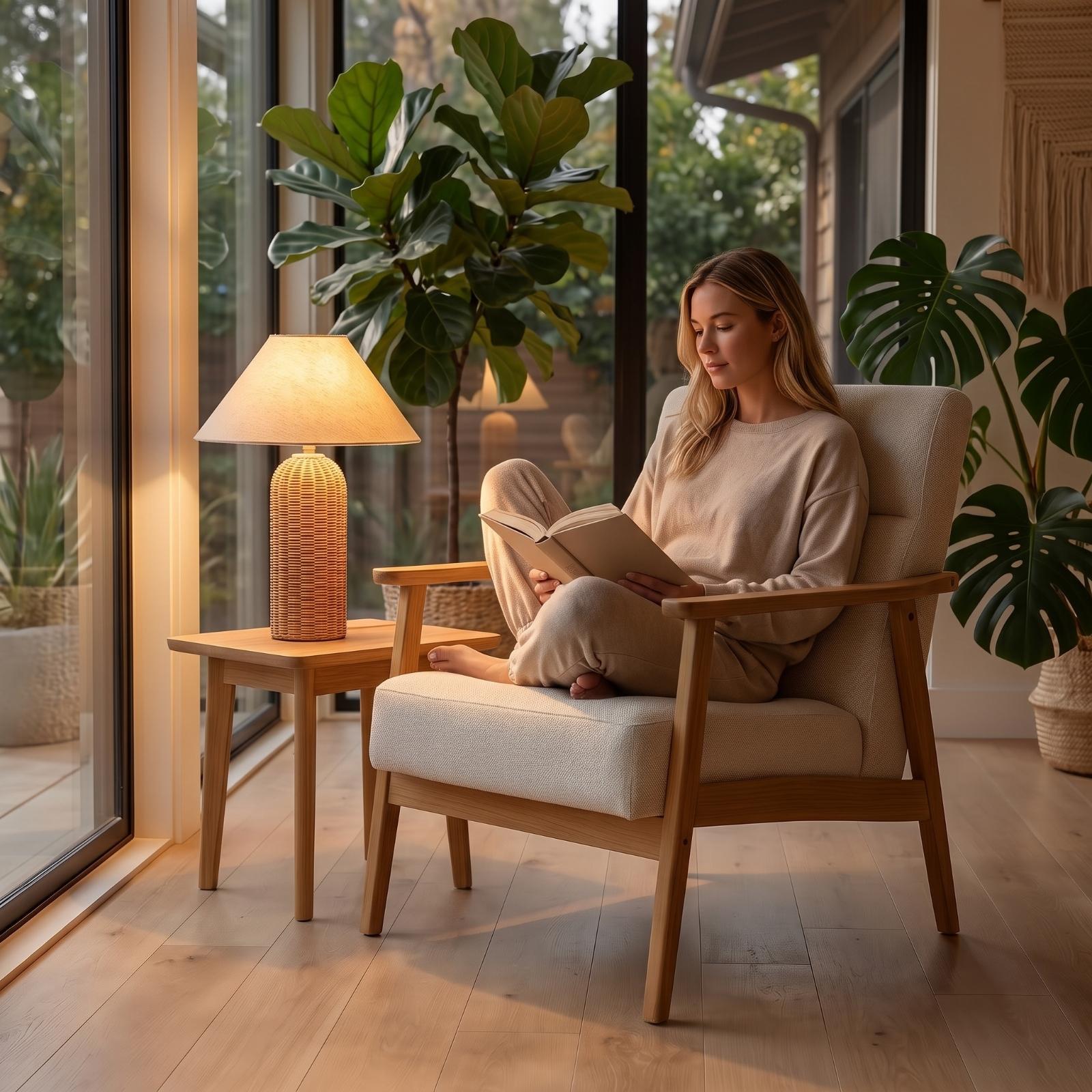 ベッドサイドランプ ラタンベース ファブリックシェード ナイ - Lighting Decor For Living Room のレビューと価格
