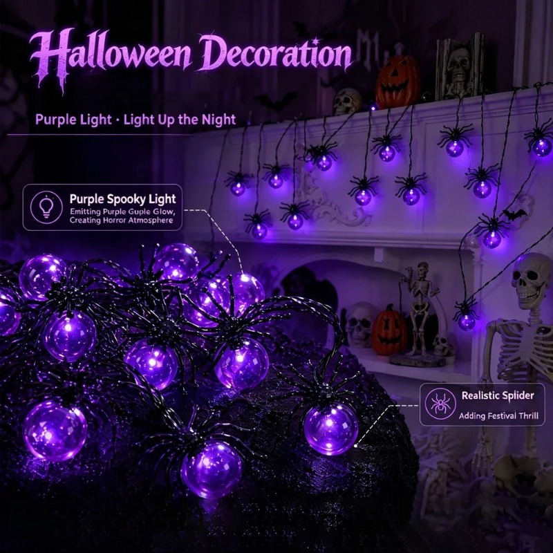 電池式スパイダーLEDストリングライト、ハロウィン屋外装飾、 - Garden Lighting Decor のレビューと価格