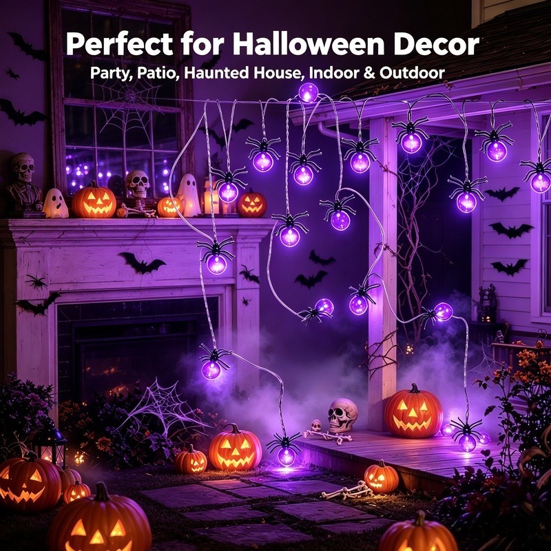 電池式スパイダーLEDストリングライト、ハロウィン屋外装飾、 - Garden Lighting Decor のレビューと価格