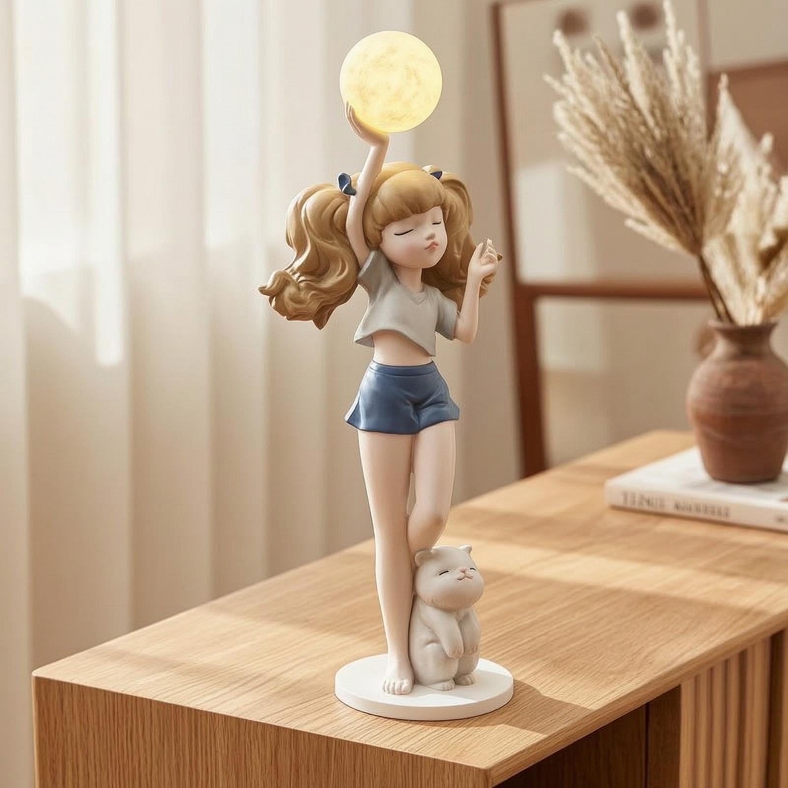 エレガントな女の子の置物ランプ、猫の台座付き、装飾的な置物、 - Lighting Decor For Living Room のレビューと価格