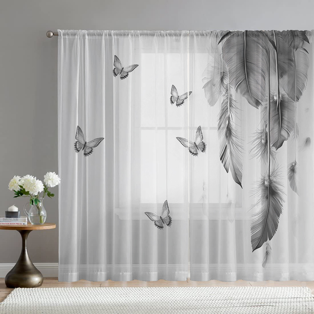 2枚組デジタルプリントシアーカーテン、羽根蝶の軽やかな舞い模 - Fairy Light Curtain のレビューと価格